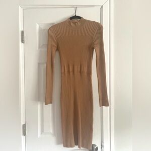 Calvin Klein Tan Ribbed Mock Neck Long Sleeve Dress